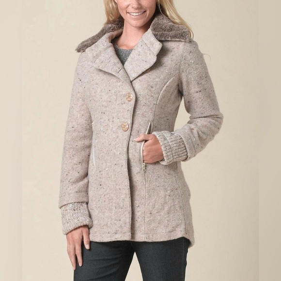 PRANA Lisina faux fur wool gorpcore warm outdoor trendy womans beige Pea coat L